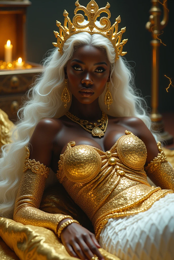 Black woman. Mermaid. White tail. Upper Body encrusted in gold. Golden eyes. Sultry look. Lays in a dark lair. Long white hair that reaches her feet. Golden crown on head that reaches her forehead. Long golden earrings. Full Finger Chinese style gold rings. Staring at a gold chest glittering. Golden staff on the floor cracking. Filled with golden lightening. Ultra high quality.