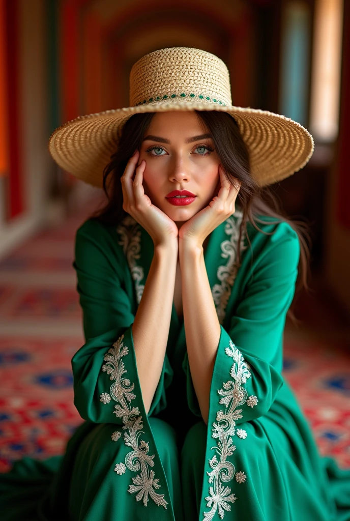 The woman's face is positioned in the center.She is wearing a large straw hat, which hides half of her face.The woman is dressed in green with white embroidery on her clothing.Carpets and wall hangings with intricate patterns can be seen in the background.These patterns are brightly colored and include red, orange, and green.The woman's expression is pensive and her posture is striking, with her face supported by her hands.The woman's eyes are blue and she is wearing red lipstick.Overall, the photo evokes a calm atmosphere!