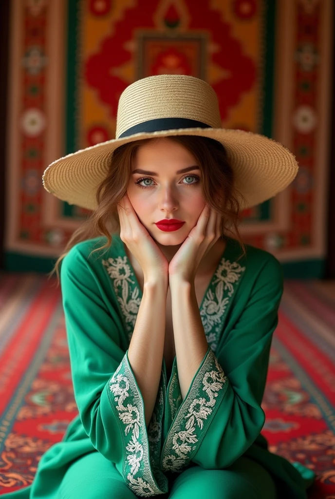 The woman's face is positioned in the center.She is wearing a large straw hat, which hides half of her face.The woman is dressed in green with white embroidery on her clothing.Carpets and wall hangings with intricate patterns can be seen in the background.These patterns are brightly colored and include red, orange, and green.The woman's expression is pensive and her posture is striking, with her face supported by her hands.The woman's eyes are blue and she is wearing red lipstick.Overall, the photo evokes a calm atmosphere!