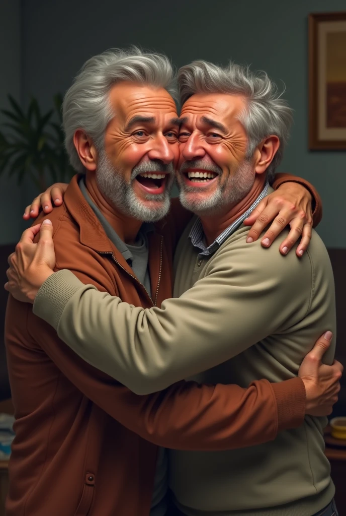 Two men hugging each other, one smiles and one cries.
