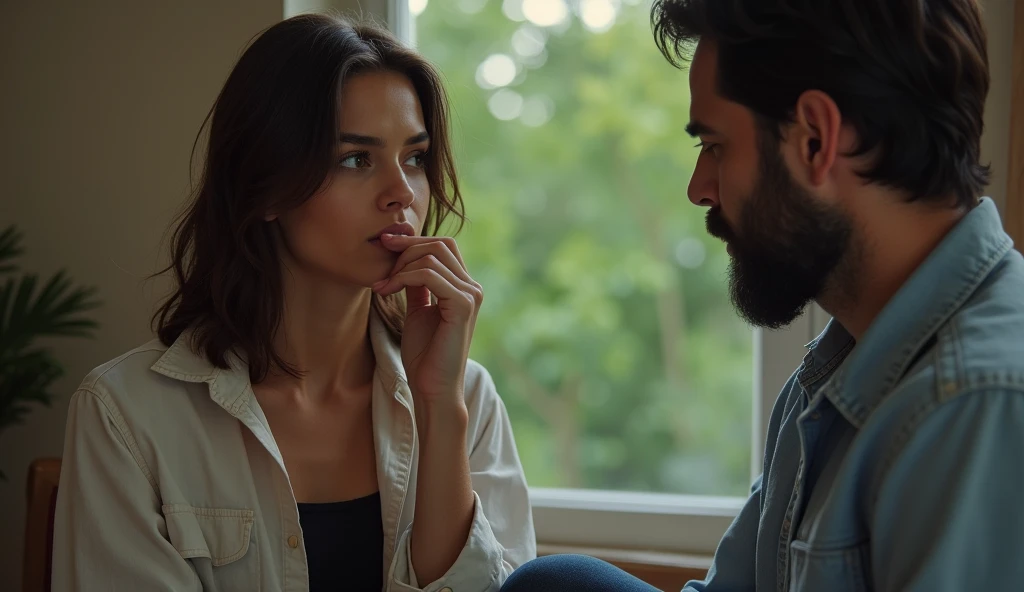 the best photo, the most realistic ,Clareza 4K, Woman , brown hair with shoulder length,age 25 ,White cotton shirt with black shorts, Delicate face, shoulder-length hair, ebony skin , .a Woman esta distraída e com uma cara sexy mordendo os labios (Woman não esta olhando para a foto ) ,homem e a Woman estão cansados, are in a room , and there is no window with a forest . 1 French man, aged 50, Bblack hair , with gray beard, wearing a light blue dress shirt, black boot, and dark jeans