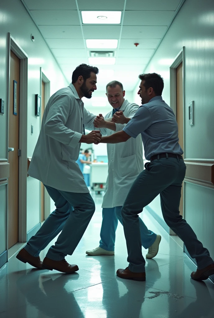 Two men playing and another trying to break up a fight inside the hospital