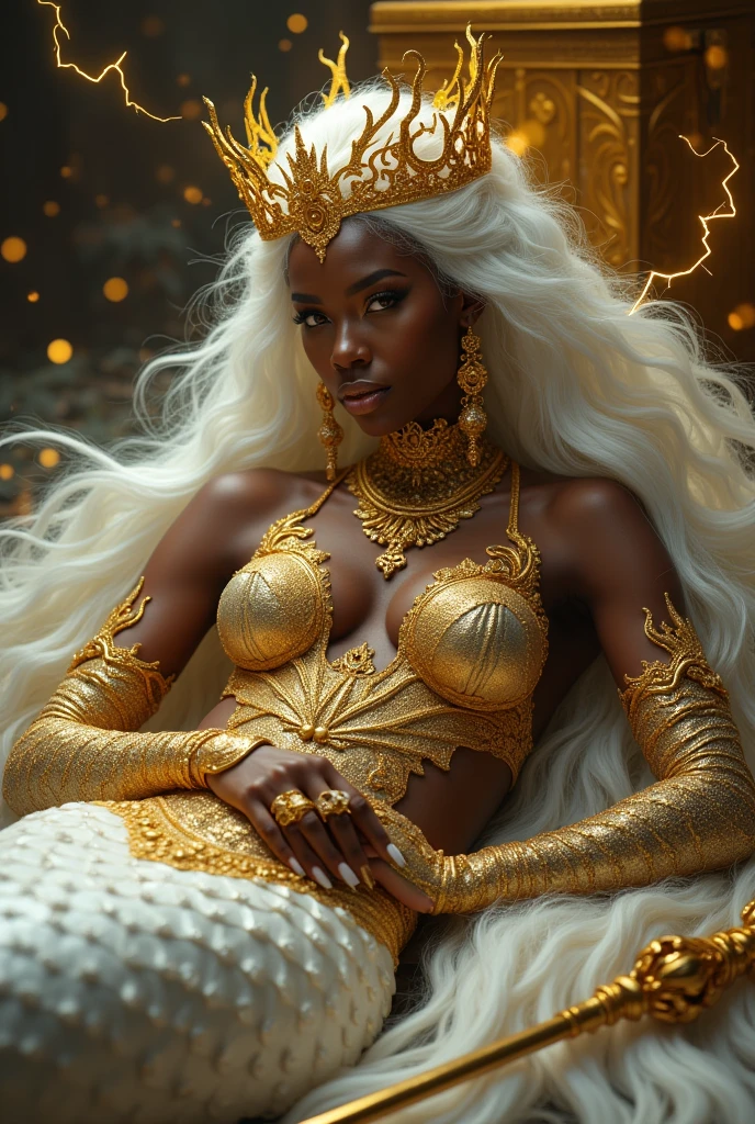 Black woman. Mermaid. White tail. Upper Body encrusted in gold. Golden eyes. Sultry look. Lays in a dark lair. Long white hair that reaches her feet. Golden crown on head that reaches her forehead. Long golden earrings. Full Finger Chinese style gold rings. Staring at a gold chest glittering. Golden staff on the floor cracking. Filled with golden lightening. Ultra high quality.