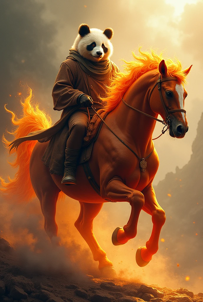 A man with a panda head riding a fiery horse