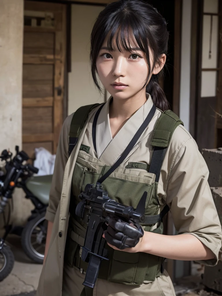 Japanese female soldier fighting in war-torn city
