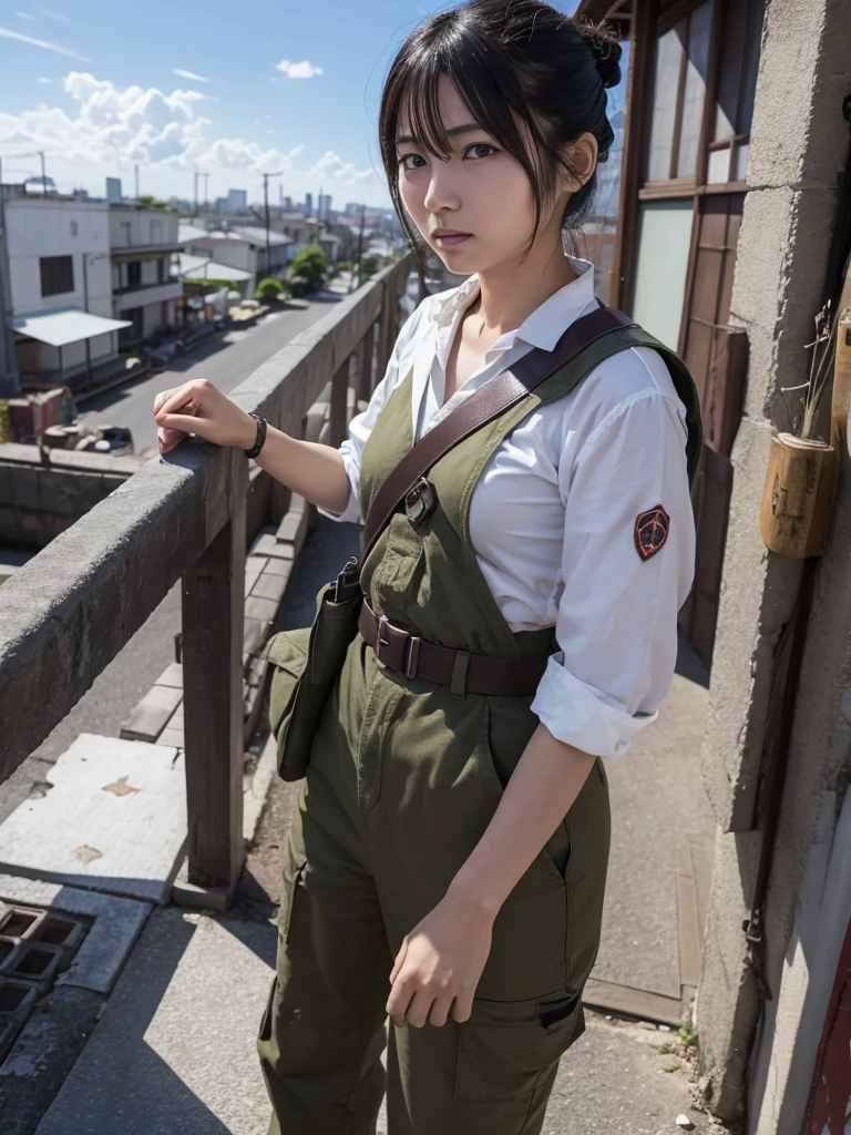 Japanese female soldier fighting in war-torn city