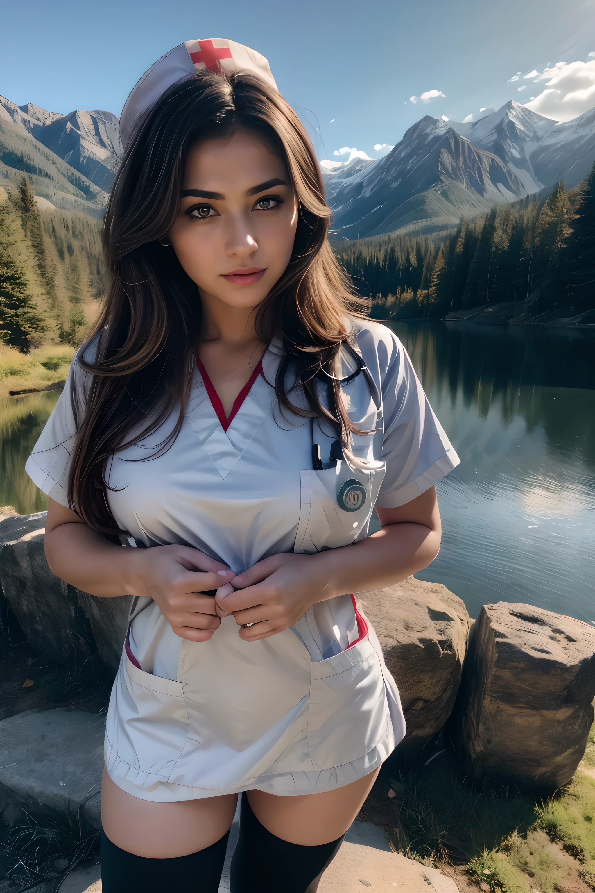 (Brunette woman), (Perfect body), (16K,8k,4K,High resolution,UHigh resolution), (((ultra-realistic))), (Upper Body selfie, Happy)), masterpiece, Highest quality, Very detailed, alone, Outdoor, (night), Mountain々, nature, (Beautiful blue eyes), smile,Put your hands behind your back,Hilarious, Happy,((Nurse shoes, Nurse uniform)),, forest, rock, river, wood, cigarette, Shadow, contrast, sunny, Analog Style (View the viewer:1.2) (Skin Texture) (Film Grain:1.3), (Warm shades, Warm Tones) :1.2), close, Cinematic Light, Side light, 超High resolution, Best Shadow, born, Upper Body, ,Nurse uniform Kodak Vision 3,