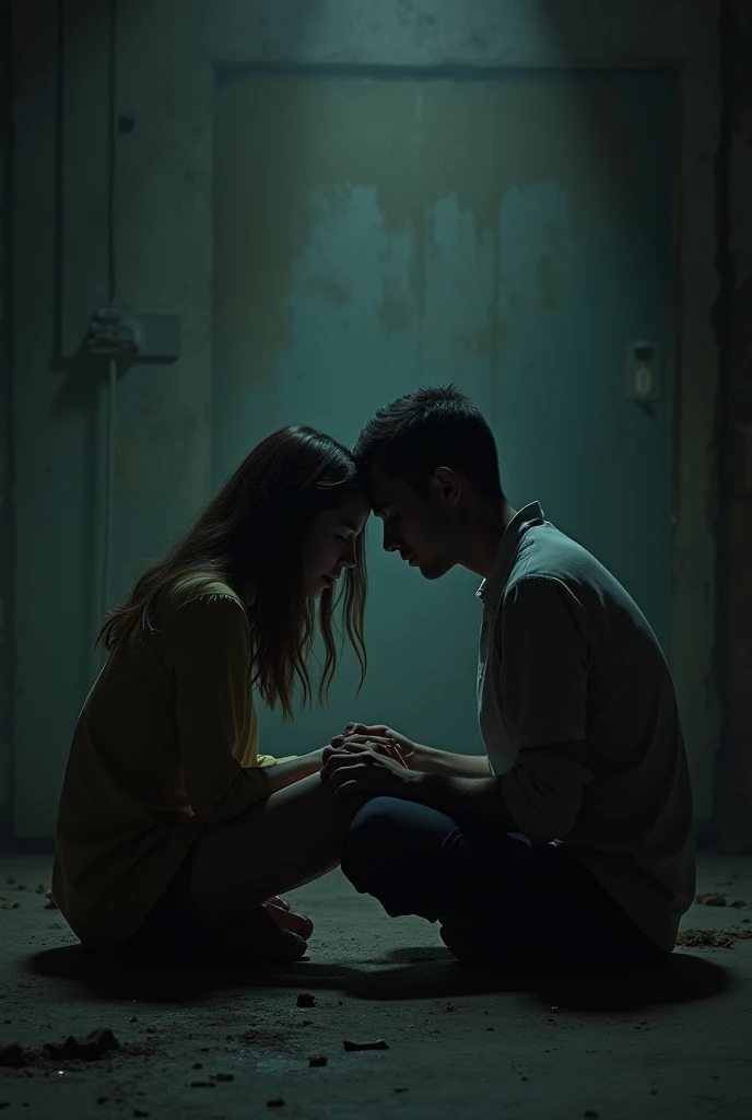 A woman and a man sitting in a dark place together in a distressed and sad manner and they are separated by about a meter