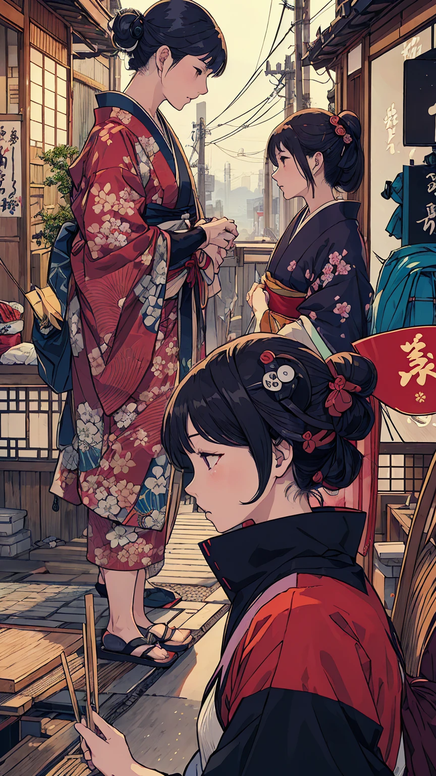 Japanese traditional clothing, Katsushika Hokusai Style, (cyber punk) (neon), woodblock print