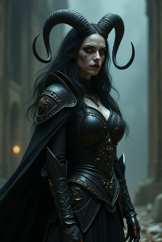 vampire woman of Clan Tzimisce one eye red and other yellow with curved horns on head with dark circles below the eyes wearing berseker black armor
