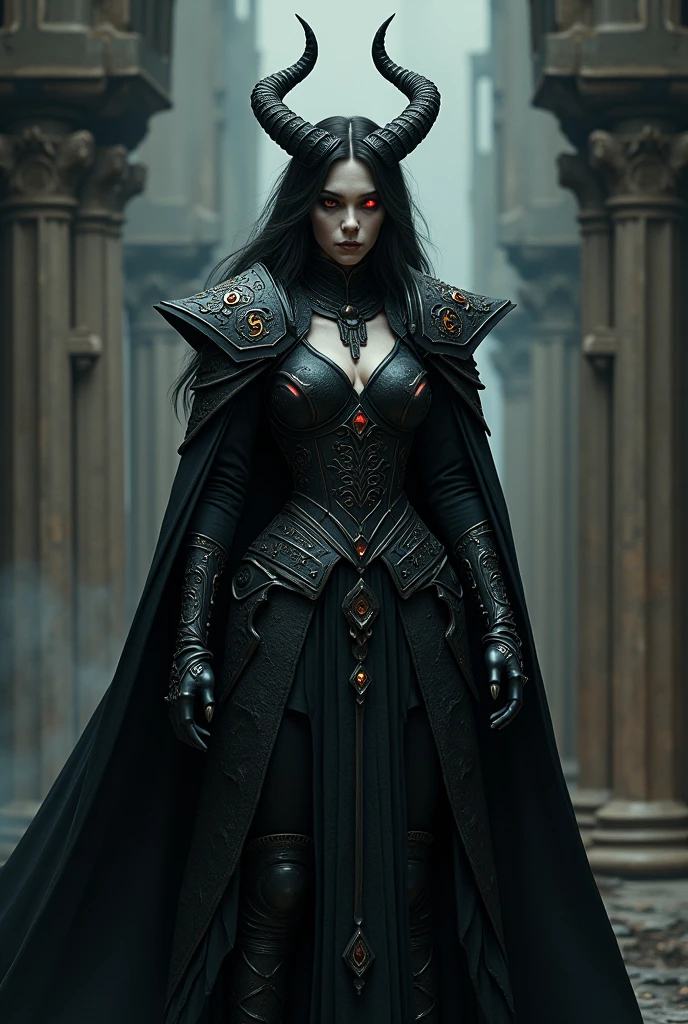 vampire woman of Clan Tzimisce one eye red and other yellow with curved horns on head with dark circles below the eyes wearing berseker black armor
