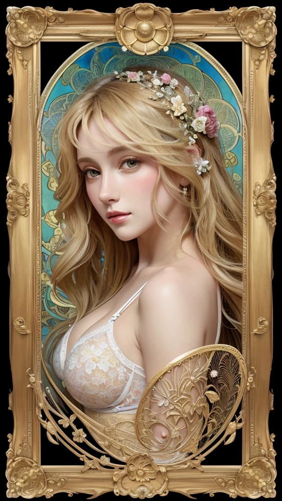 European woman face portrait, Long Curly Hair, blonde, Floral frame, Decorative panel, Abstract art, Alphonse Mucha (masterpiece, Highest quality, High resolution: 1.4), detailed, 複雑なdetailed, 4K, Color Splash, Line art, Fibonacci, In underwear