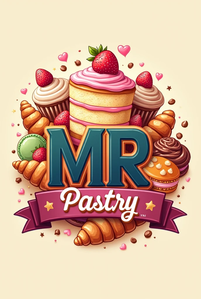 I need a logo with the initials MR with the phrase pastry with a cake and bright colors and pastry things in the background that says pastry in Spanish, not English.