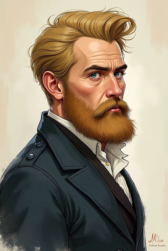 Man with well defined face, beard and blond hair, drawn style, side face, olhando de lado, menos realista, He's confident, no earring , He is from the 19th century. He puts his eye to the side, his face is also dumb.
