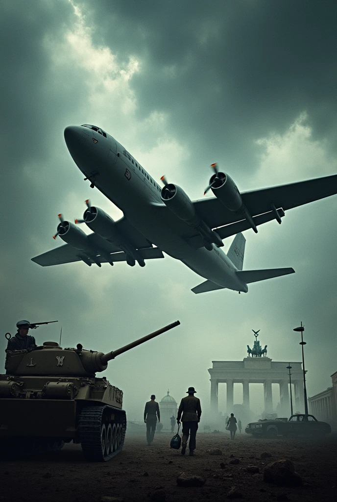 Design a movie poster for a fictional film about the Berlin airlift. Make it eye catching but also include essential details about the historical event. Include the Berlin aircraft as the central image. Use dark, muted tones that will convey the tension of the Cold War.