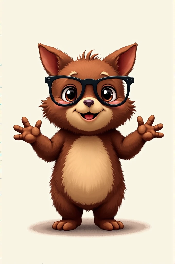 Front drawing of a piece of brownie, with open arms, captivating smile, seductive and with glasses. Hands with five fingers on each