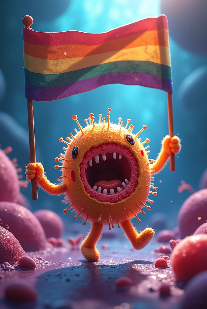An animated mitochondrion with a flag that says "Proud descendant of Alpha-Proteobacteria". Mitochondria are dancing and showing how they divide and replicate inside the cell, as if it were part of the show.