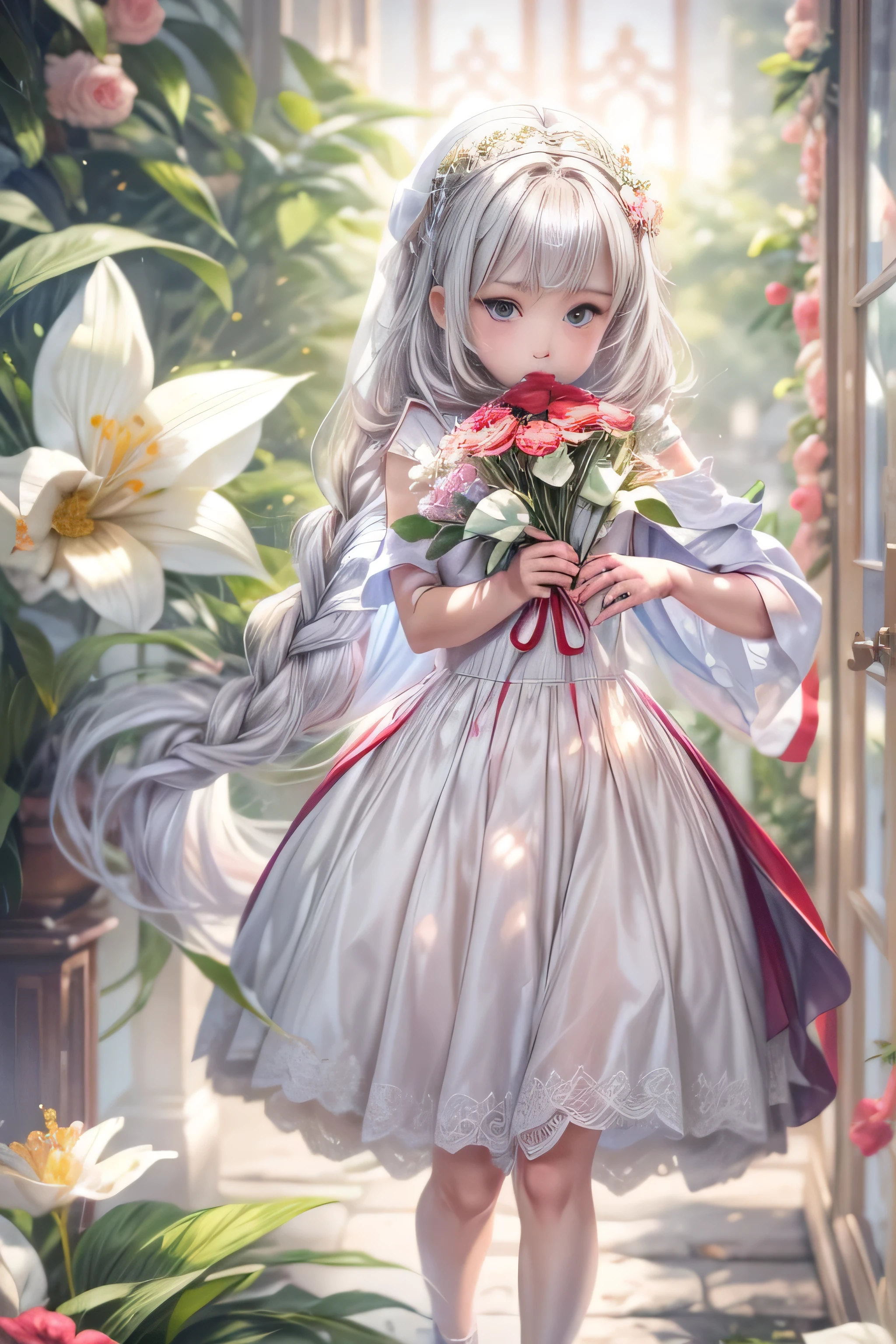 8k.Half Russian and half Japanese、Russian face、beautiful girl、princess、、Small face、Young face、Big eyes、Skinny、Small breasts、(((Silver Hair、Silver Hair)))、With bangs、(((High resolution big beautiful light blue eyes, )))、Shortcuts、Bobcut、((Sailor suit))、(((Red ribbon in hair、Floral decoration)))、Partially braided、Red bow tie、masterpiece:1.2, Highest quality), Realistic, (live-action, Intricate details, Depth of written boundary), (One girl, alone), compensate, Lips parted, Very detailed, Perfect Face, (Skin Dentition), Thick thighs, Wide Hips, Narrow waist, expensive, Glossy coral lips,, (Girl in wedding dress holding flowers in hand )), sexy, blush, Mikasa from AOT