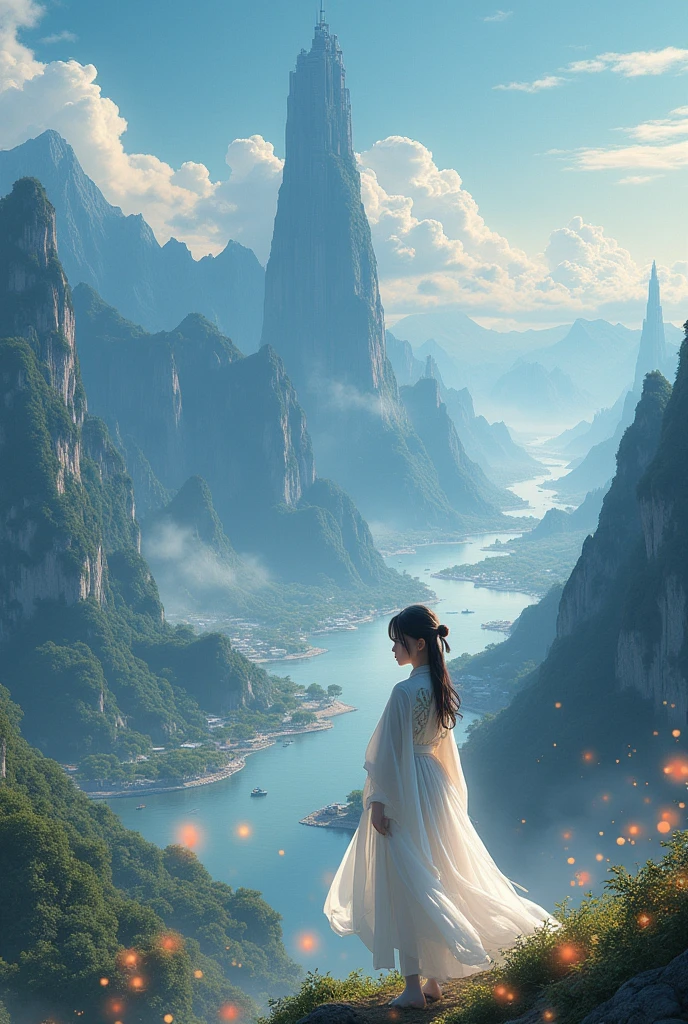 best qualityer, work of art, high resolution,, 1 girl, face detailed, (trunk:1.6), Cyber cities, mountains and rivers, natta, firefly lights, realisitic, rich in detail, (white hanfu:1.2), (Body cute:1.4),