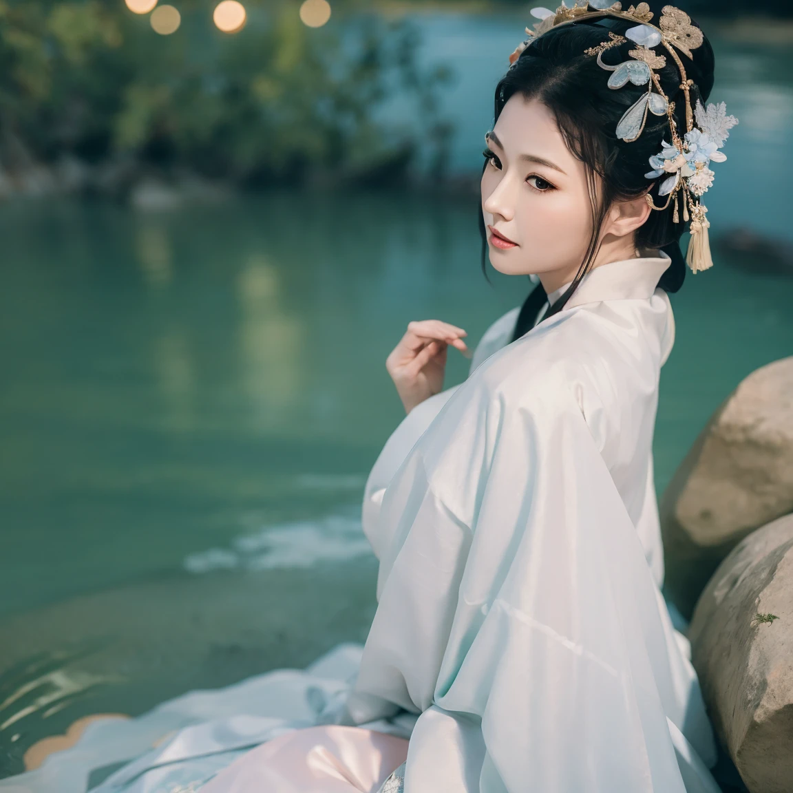 A beautiful woman dressed in Tang Dynasty costume sitting on a rock by the river，Hands on knees，Quietly gazing at the moon reflected in the river。The background is a quiet night，The river is like a mirror，The whole picture is full of tranquility and loneliness。