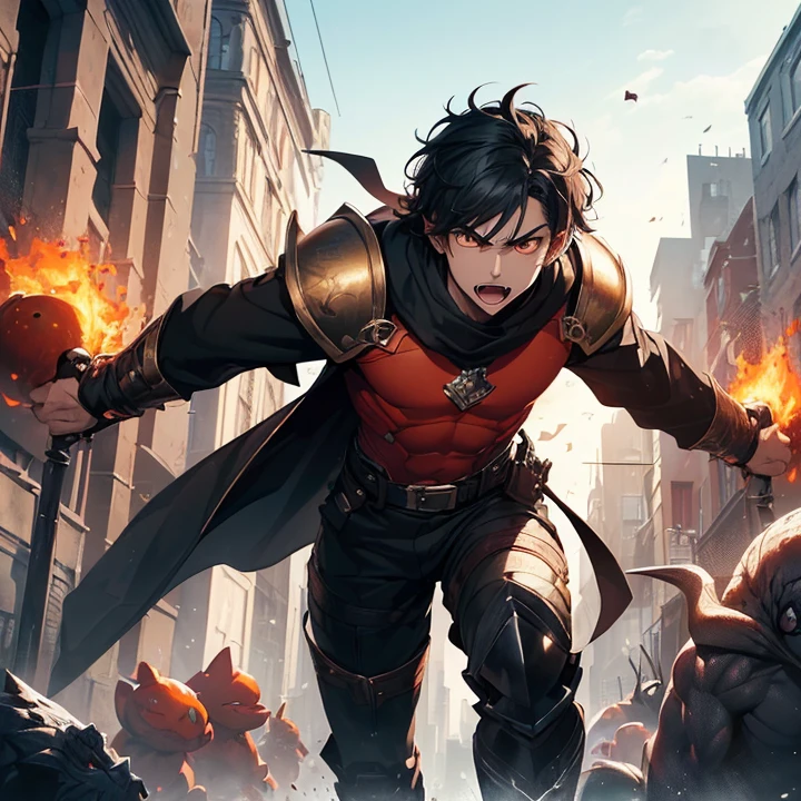 Masterpiece, High Resolution, HD, High Quality, UHD, Super Detailed, Best Quality, High Details, Fantasy, grimdark, alone solo character, no deformities. Chaotic scenery.
{{(1character: a 26 young man warrior:(white skin, black hair, short emo hair, orange eyes, open mouth, tall complexion, slender complexion, rounded nose, big eyebrows, delicated features, handsome manly, scared expression),(black sharp armor, bluevsleeves, white boots),(holding with both hands a long sword, innocent demeanor, scared and desperately, try to fight and deffend himself, looking at the monsters),(very modern city, blue day sky, bright twin golden suns in the sky, fantasy modern london city, Red Fat Monsters around, red fat monsters attacking the city)))}}