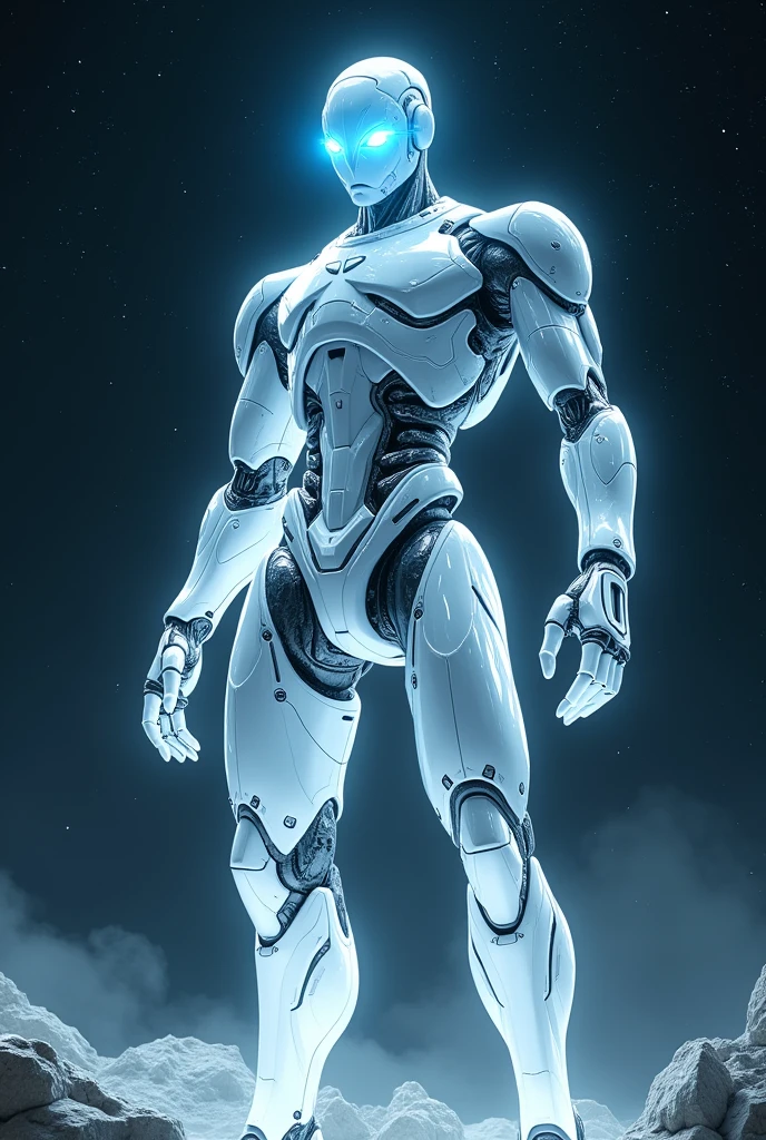I want you to create a white robot, shining so much, it has to be 3 meters, has to be in space, shining blue eyes