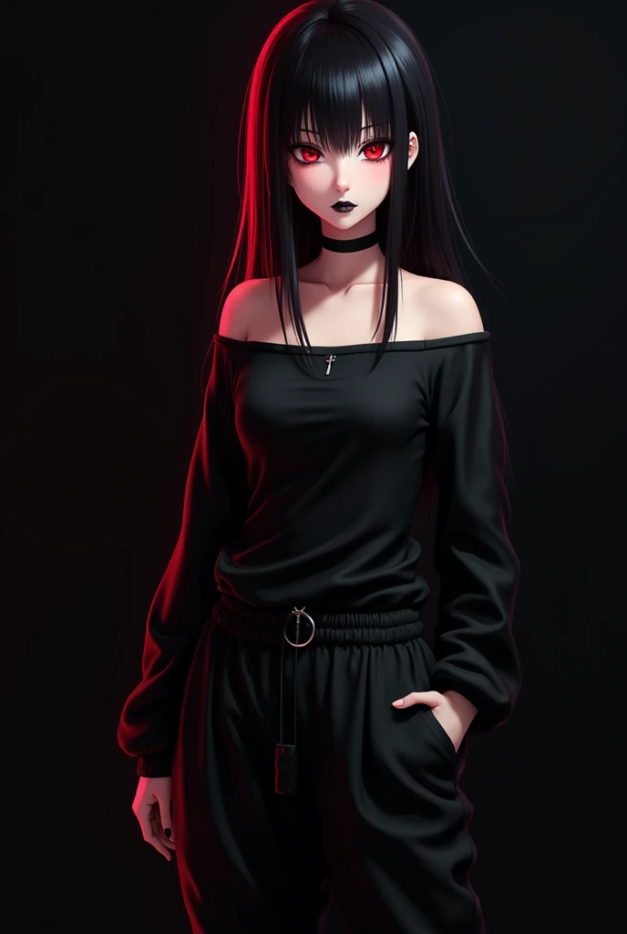 anime girl with red eyes, straight black hair with red highlights, black painted lips and black eyeliner, dressed in a black top and black baggy pants