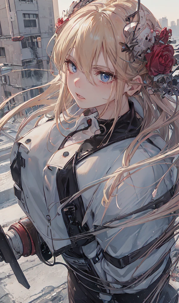 Abandoned industrial city in winter background,(White and light red,：2.0),Issued card,Standing in close-up,Dream world,Facial blemishes,(((Blonde Hair))),(((Shoulder-length hair))),(((Center-parted bangs))),(((Black rose hair ornament))),(((Angry face))),(Slender blue eyes,Pink lipstick,Long eyelashes),gloves,pistol,choker,(assassin&#39;Tight combat suit,Torn and frayed combat uniform exposing the abdomen,Leather mini skirt,Caster wheel,belt：2.0),Fur Tube Top(choker),Above-the-knee high-heeled boots,Strappy high heel boots,The legs have lots of straps,Detailed background