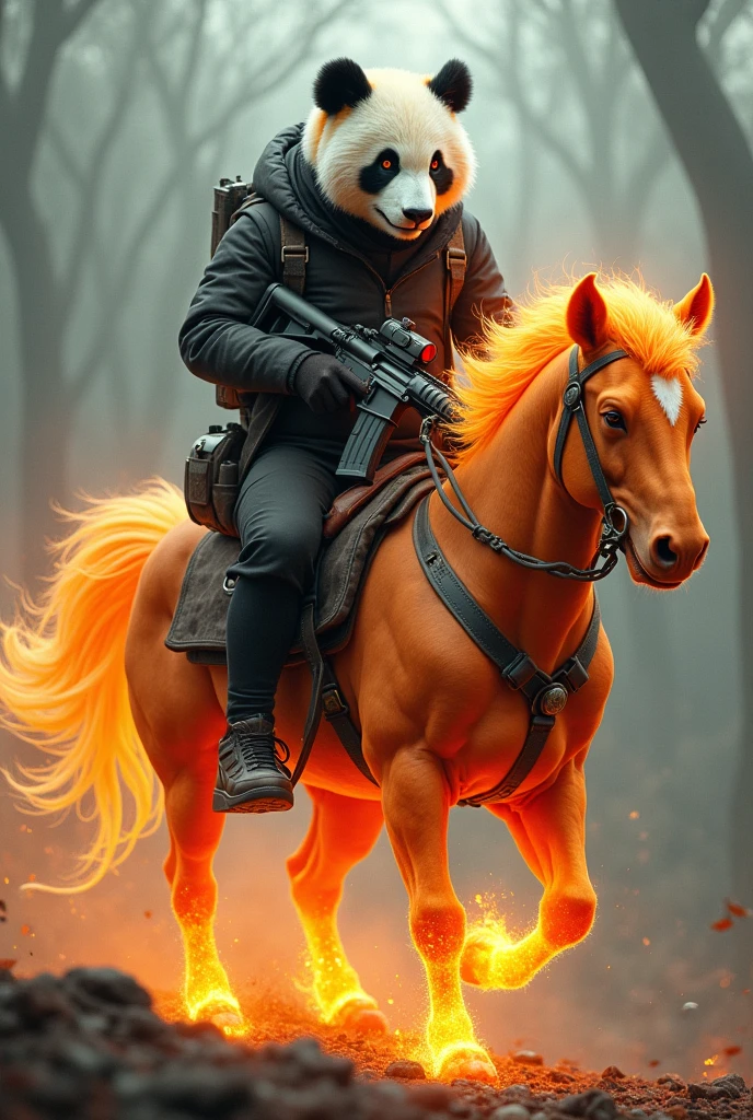 A man with a panda head riding a fiery horse with an M4 in his hand 