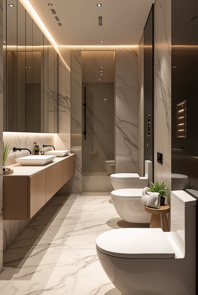 An upscale bathroom with advanced smart technology features, including touchless faucets, self-cleaning toilets, and a smart mirror with smart phone features . The design should highlight both luxury and functionality. Technology should be the highlight of the image