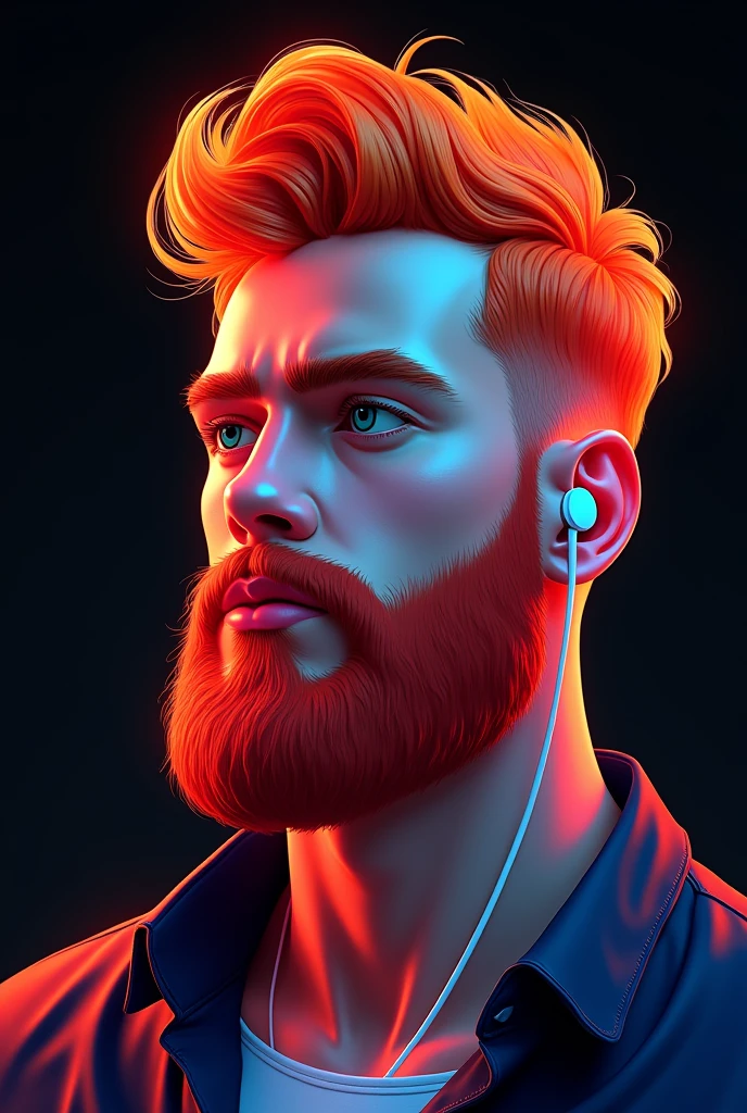 A digital illustration of a man with voluminous and wavy orange and red hair styled in a pompadour up and back. He has a full, well-groomed red beard that matches his hair. His skin has a soft glow, with warm orange and pink tones used to create depth and contour. He has clear, light green or blue eyes that contrast with the warm tones of his face. His expression is serious and contemplative, with his face turned slightly to the side. He wears a white wired headphone on one ear, suggesting modern technology. The background is a deep black, allowing the portrait to stand out dramatically. The image has a soft, bright gradient effect, creating a neon or holographic appearance.