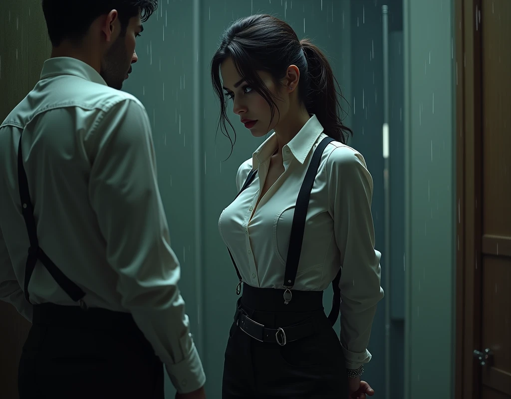 a woman in a suit, belt, hands behind back, sweating, suspenders, black pants, sexly, large breasts, see-through clothing, rain, detective, office worker, white button-up shirt, (best quality,4K,8k,highres,masterpiece:1.2),ultra-detailed,(realistic,photorealistic,photo-realistic:1.37),hyper-detailed,highly detailed face and body, Slender thin suspenders Moderate breasts See-through shirt Nipples holster chain Pistol Armament criminal Female criminal knife japanese profile Japanese women arrested handcuff