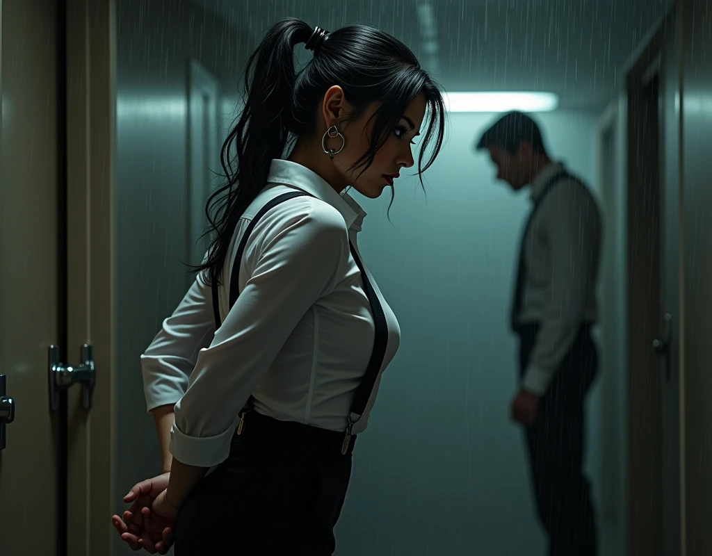 a woman in a suit, belt, hands behind back, sweating, suspenders, black pants, sexly, large breasts, see-through clothing, rain, detective, office worker, white button-up shirt, (best quality,4K,8k,highres,masterpiece:1.2),ultra-detailed,(realistic,photorealistic,photo-realistic:1.37),hyper-detailed,highly detailed face and body, Slender thin suspenders Moderate breasts See-through shirt Nipples holster chain Pistol Armament criminal Female criminal knife japanese profile Japanese women arrested handcuff