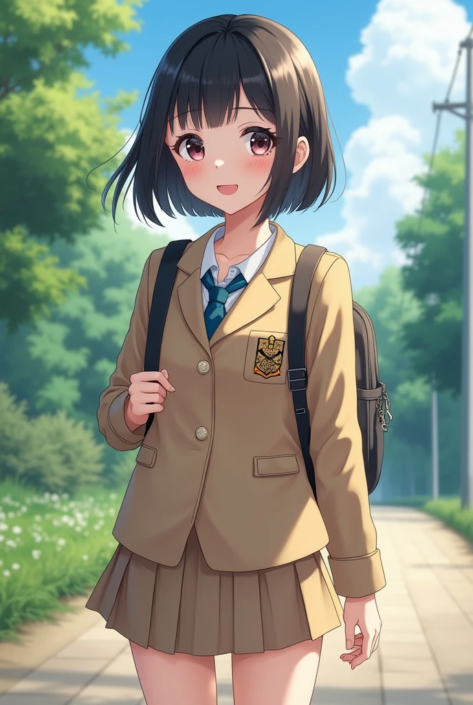 (((masterpiece))), (Beautiful Japanese Girl, Classmate, Landscape and innocence,cute) ,Ultra-high resolution, Realistic, Ultra-detailed, 8k,Highest quality, Very detailed, Detailed Background,Slender,とてもBeautiful Japanese Girl, Detailed face:1.3), (Boyish short hair,Black-haired :1.4), (Baby Face,cute系,cute), (Perfect body:1.1), (Brown blazer, Light brown pleated mini skirt), The best smile,show me your beautiful teeth,非常にDetailed face、Detailed lips、Detailed eyes、 gravure idol,Clear Skin、upon,Japanese high school uniform with school emblem on the chest,Carry a backpack