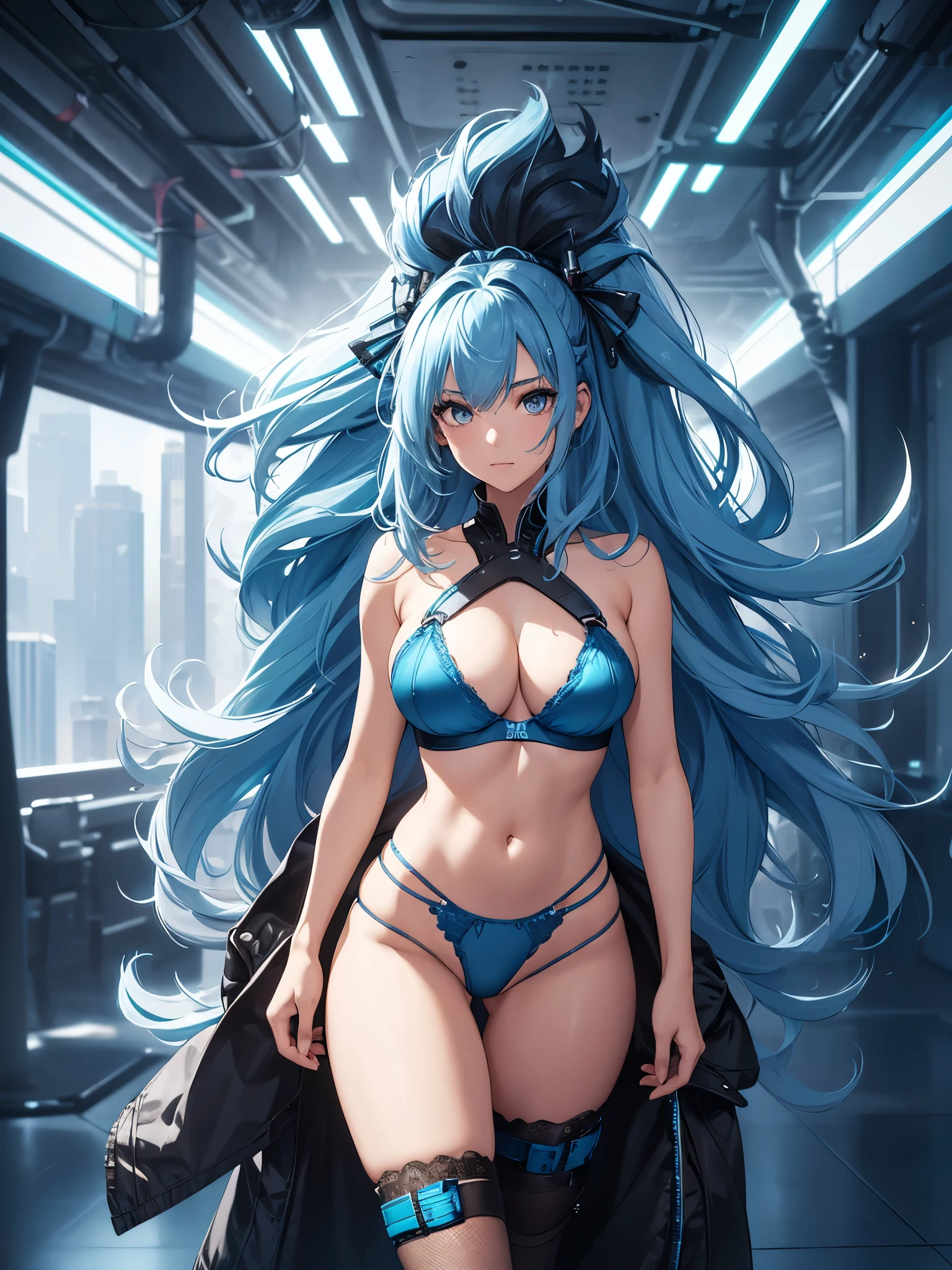 A 20-year-old Western woman with eye-catching neon blue hair, styled in loose, flowing waves. She is wearing a silver metallic lingerie set, featuring a shiny bra and matching panties. The background is minimalistic, allowing her futuristic look to stand out without distractions, huge_breasts, high resolution, ultrasharp, best quality.