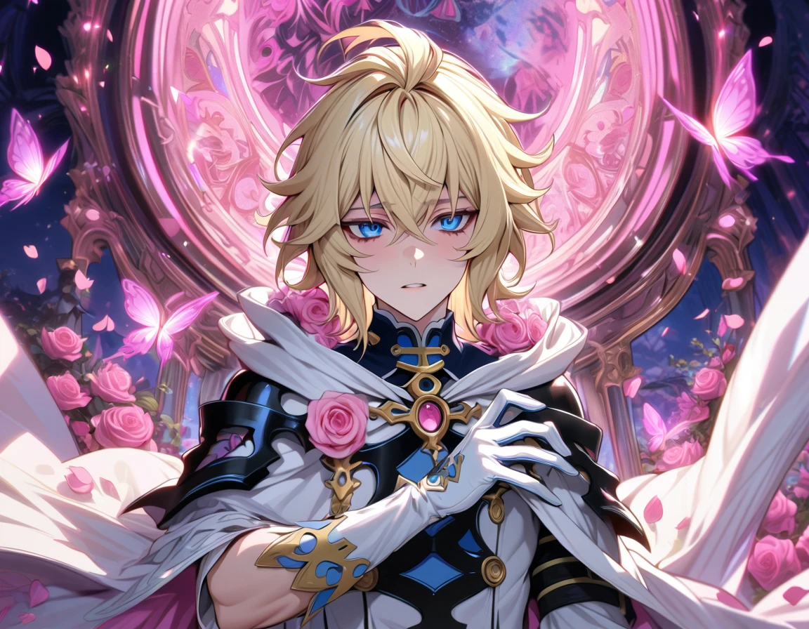 absurdres, highres, ultra detailed, HDR, masterpiece, extremely detailed, detailed eyes, detailed face, Hyakuya Mikaela, blonde hair, expressive blue eyes, Owari No Seraph, solo, sexy man, adult face, mature man, handsome, white clothes, white cape, white gloves, black belt, patterns, pink roses, pink petals, fantasy, magical, pink moon, pink glittering butterflies, pink round lights