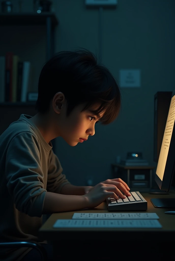 Teenager in darkroom writing a letter to his mother with the computer