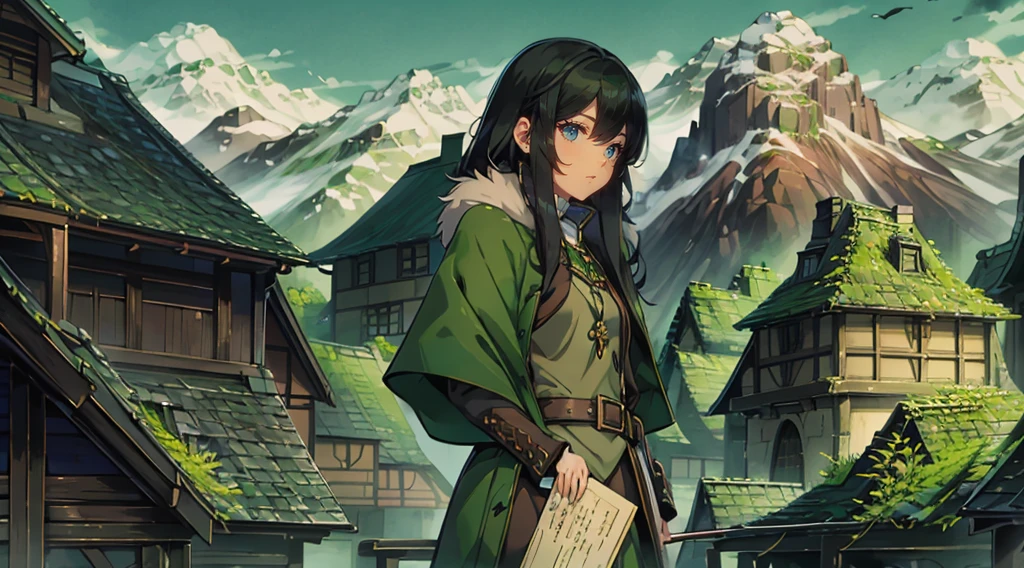 yuichiro hyakuya girl, (WithoutFear:1), 1 girl, black hair, green eyes, brown coat, gray armor, elves, sylvan, green shield, green cloak, dark brown gloves, forest, white fur trim, anime, standing, good quality, portrait, looking at viewer