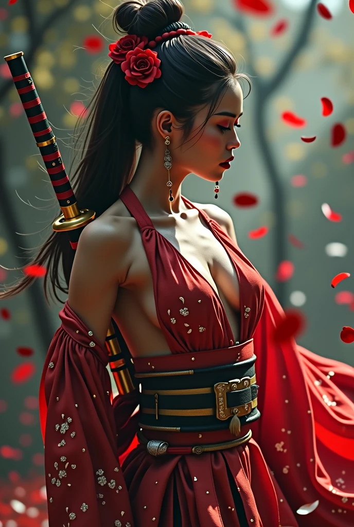 samurai woman, ((masterpiece, highest quality, Highest image quality, High resolution, photorealistic, Raw photo, 8K)), ((Extremely detailed CG unified 8k wallpaper)), (huge stunning goddess shot, very hot and , jaw-dropping beauty, perfect proportions, beautiful body, slim body beauty:1.4),
