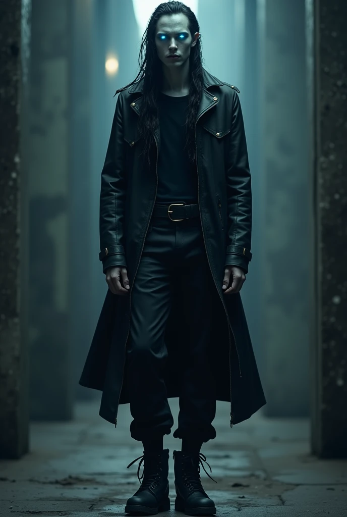 Tall and thin, Raven has pale skin and electric blue eyes that seem to glow in the dark.. His hair is black and long, usually braided to keep it out of the way. He wears a worn leather jacket and military trousers., with combat boots.