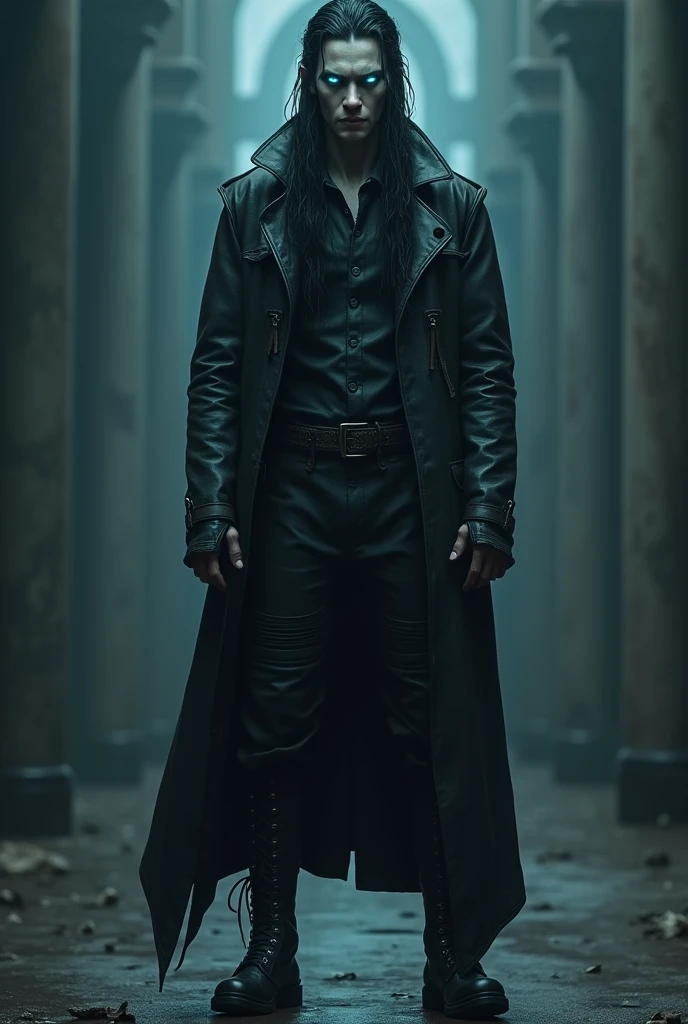 Tall and thin, Raven has pale skin and electric blue eyes that seem to glow in the dark.. His hair is black and long, usually braided to keep it out of the way. He wears a worn leather jacket and military trousers., with combat boots.