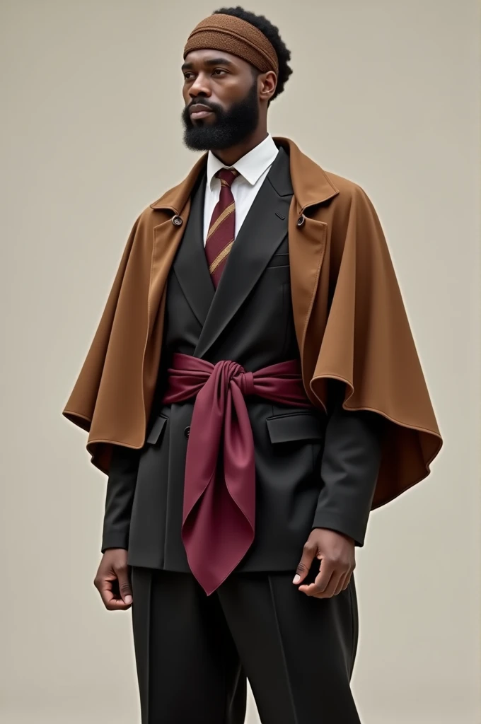 A person wearing the suit with a brown poncho, have Russian style, have a burgundy-colored handkerchief tied around your waist, with black baggy pants and a reggaeton headband