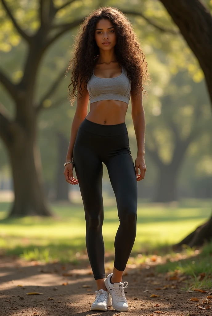 (Photorealism: 1.2), beautiful woman, standing, wearing sexy sports tights, sports top, long curly hair, outdoors, big trees, soft lighting, sunlight, natural park, relaxed pose, realistic, intricate details, warm colors,