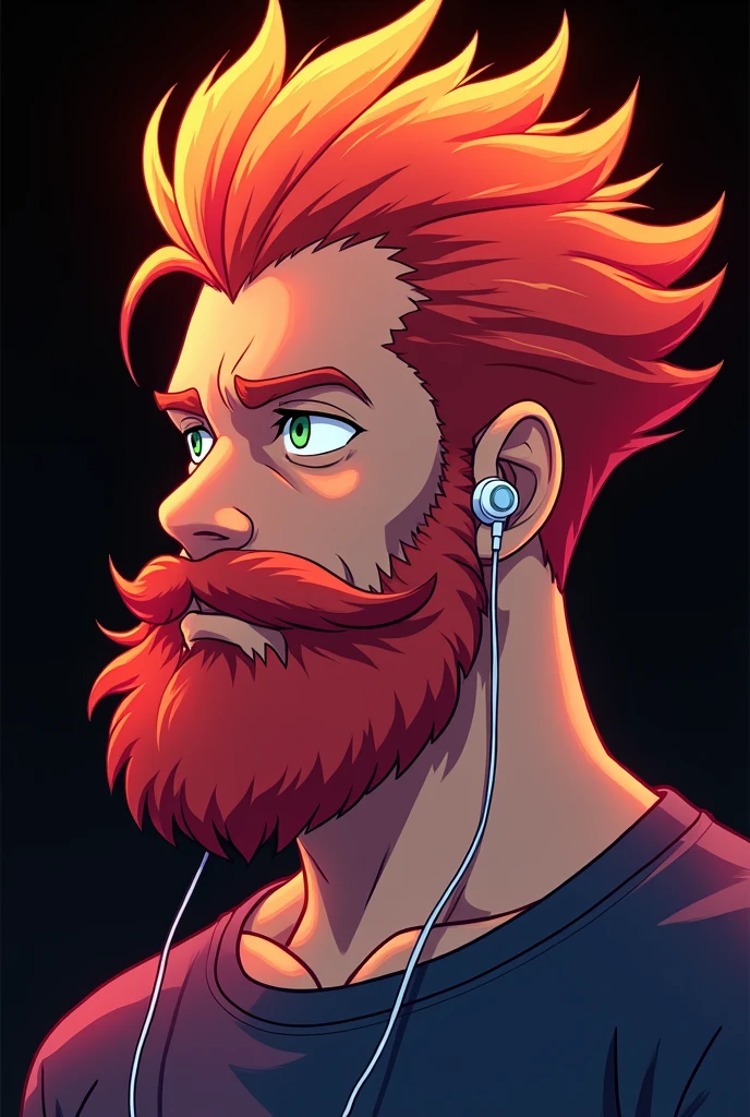 A digital illustration of a man with voluminous and wavy orange and red hair styled in a pompadour up and back. He has a full, well-groomed red beard that matches his hair. His skin has a soft glow, with warm orange and pink tones used to create depth and contour. He has clear, light green or blue eyes that contrast with the warm tones of his face. His expression is serious and contemplative, with his face turned slightly to the side. He wears a white wired headphone on one ear, suggesting modern technology. The background is a deep black, allowing the portrait to stand out dramatically. The image has a soft, bright gradient effect, creating a neon or holographic appearance. red hair boy character sheet, style by akira toriyama