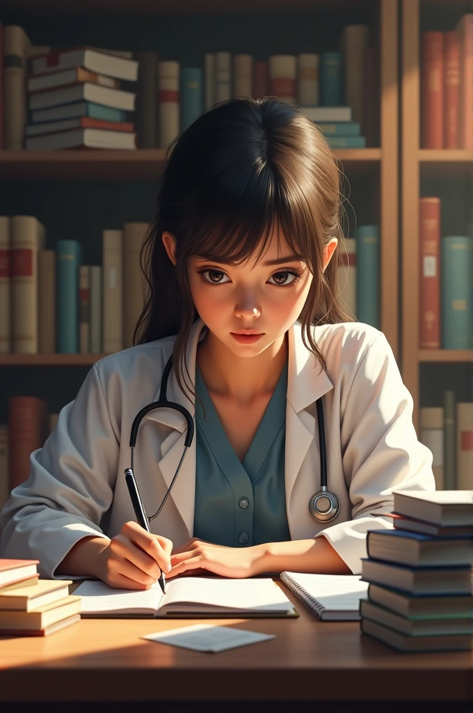 A girl studing hard to get good grade so she can be a doctor and make her parents proud.she is in pressure 