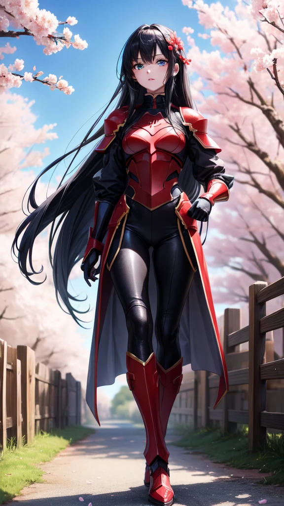 アニメ,{red full body armor 5.0 detailed},  1 girl, {face perfect}, {long black hair}, {blue colored eyes}, {asymmetrical eyes}, {perfect nose}, {red lips}, {full body 5.0}, {walking in a cherry blossom field}
{8k image}, {128k ultra resolution}, {ultra quality 128k}, {128k high quality sharpness}