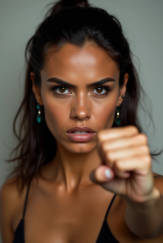 A Brazilian woman with an angry facial expression making a gesture "no" with the hand. 