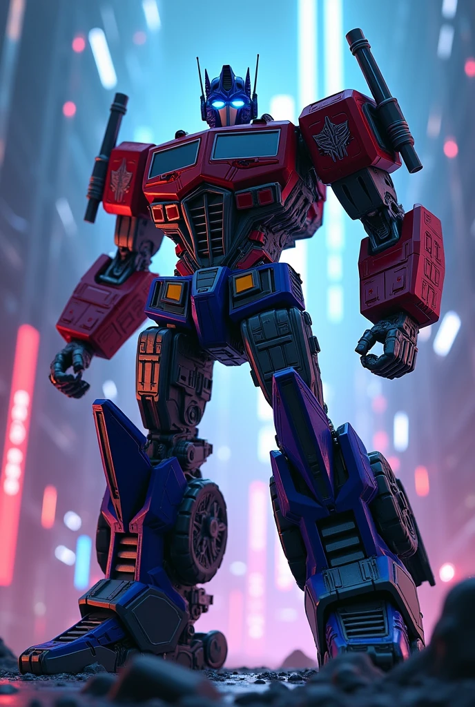 Optimus Prime, Neiru Aonuma, robot, anime-style, highly detailed, 8k, photorealistic, volumetric lighting, cinematic, dramatic pose, glowing eyes, metallic texture, futuristic background, neon lights, intricate mechanical design, powerful, heroic, dynamic composition