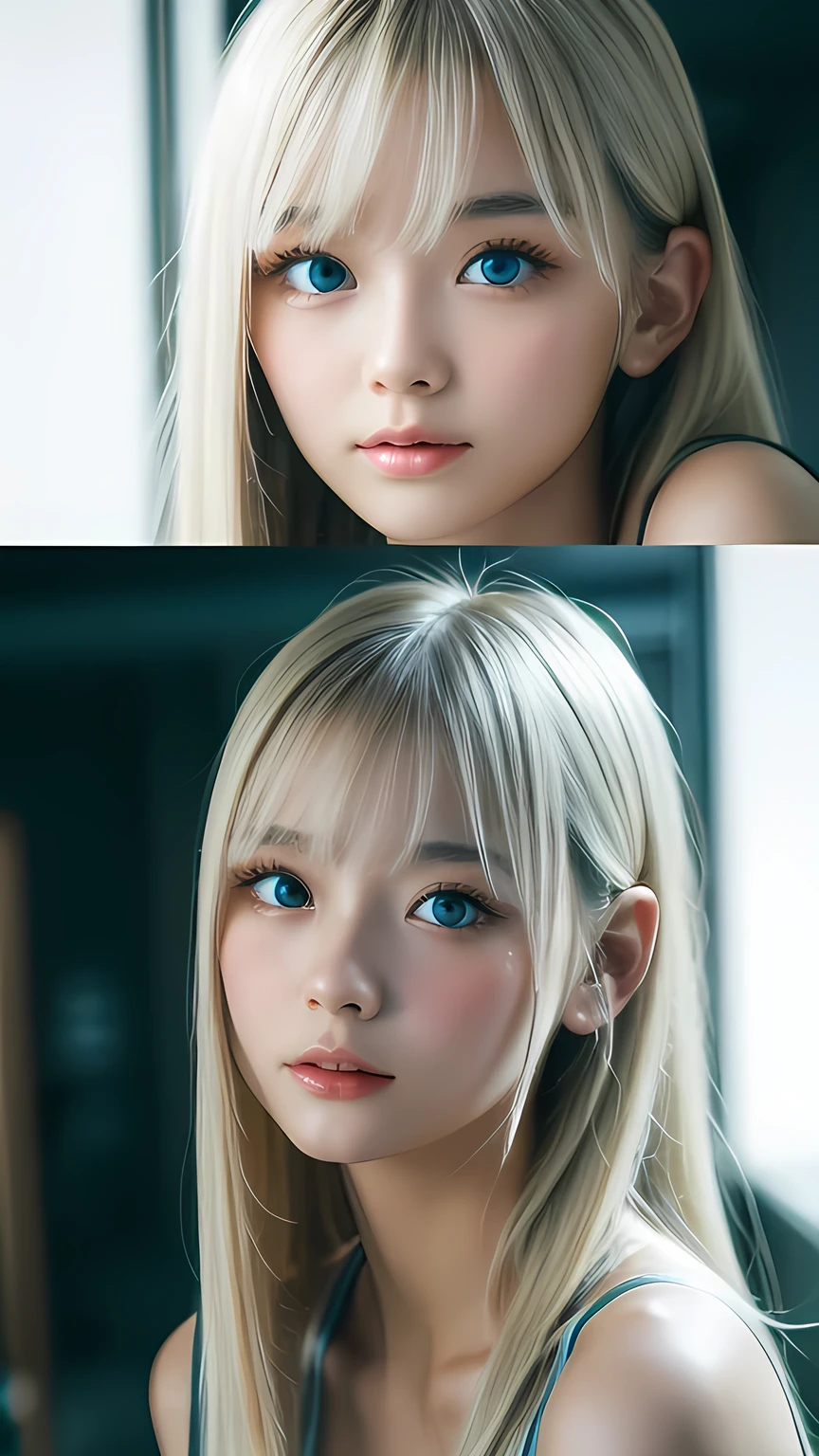 Highest quality、8K masterpiece、Ultra-high resolution、(Realistic:1.3)、RAW Photos、 A beautiful Scandinavian girl with mysteriously shining blonde hair、Silvery blonde hair、Super long straight hair、Bangs between the eyes、Bangs that cover the eyes、One side of the bangs that cover the eyes、Bangs between the eyes、Incredibly white, Glowing Skin、1. Cyberpunk Super Beautiful Soldier、((Ultra-Realistic Details))、Portraiture、Global Illumination、Shadow Realm、Octane Rendering、8k、Ultra Sharp、metals、Cool colors、、Very intricate details、Realistic Light、Trends of the CG Association、So beautiful、big、Bright Blue Eyes、Very big eyes、Eyes shining at the camera、Neon Details、Small Face Beauty、Round face、Highlights of cheek luster、eyeliner、double eyelid