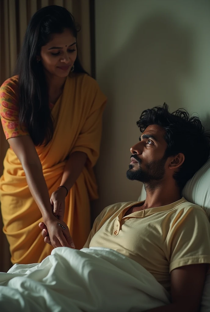 **Instagram Reel Prompt:**
"Create a heartfelt scene for an Instagram reel confession. Visualize a 2 man lying in bed, struggling with a spine issue. His eyes are weary, but there's a soft, hopeful light around him. His wife, a 2 beautiful and independent woman, dressed in a traditional saree stands beside him with unwavering support, holding his hand with love and strength. In the background, show a glimpse of a mobile phone with a supportive message from a sister figure, symbolizing the unseen bonds that provide hope. The mood is emotional yet filled with a sense of resilience and love, capturing the journey from suicidal thoughts to a hopeful future with the support of loved ones."